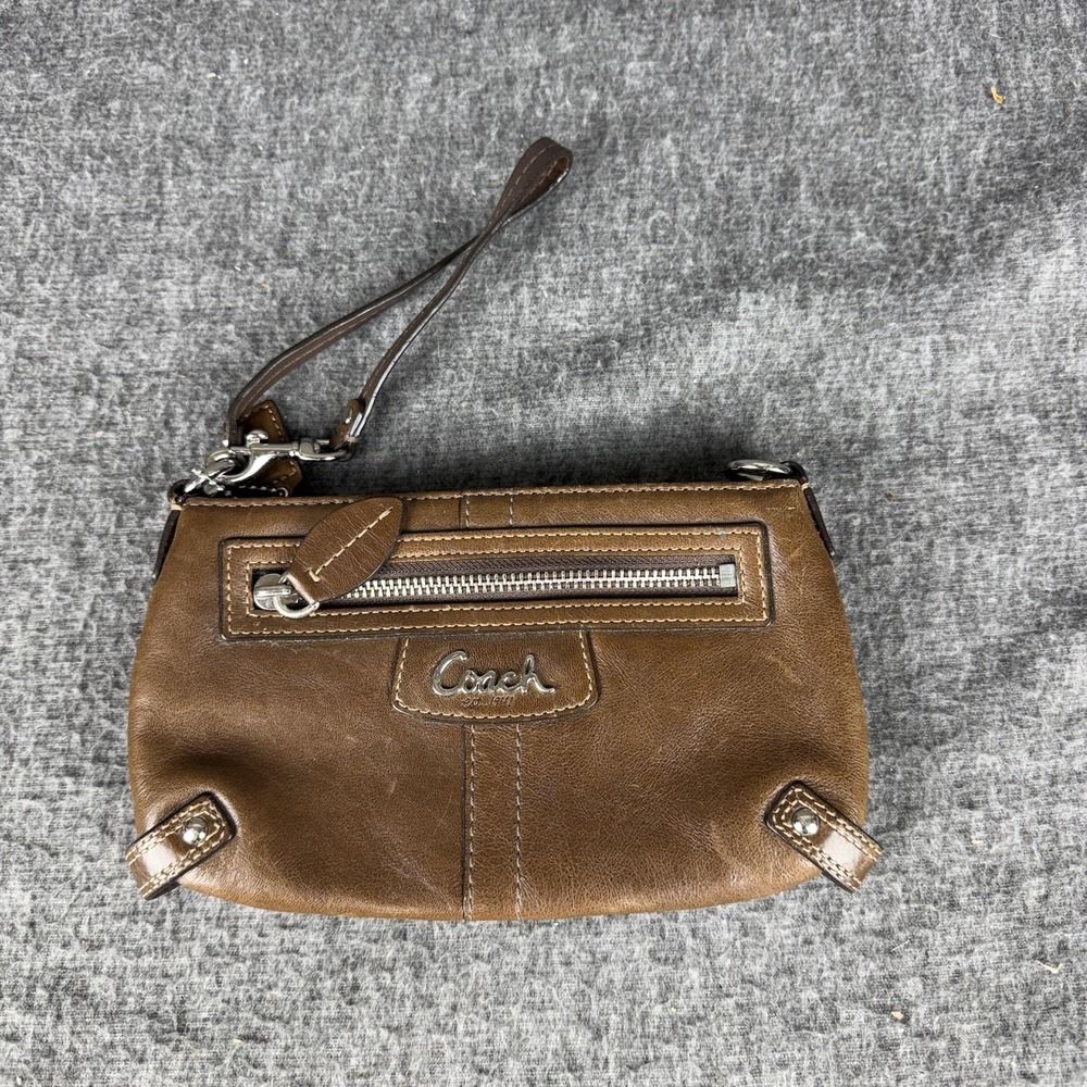 Coach Brown Leather Wristlet Clutch Bag Small Pink Plaid Lining Studded Zipper